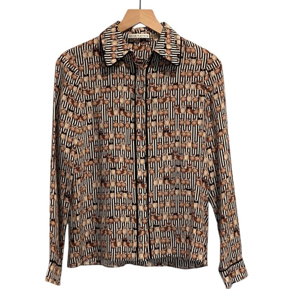 Alice + Olivia Long Sleeve Button Down Blouse, 100% Silk, Owl Print, Size Small - Picture 2 of 12